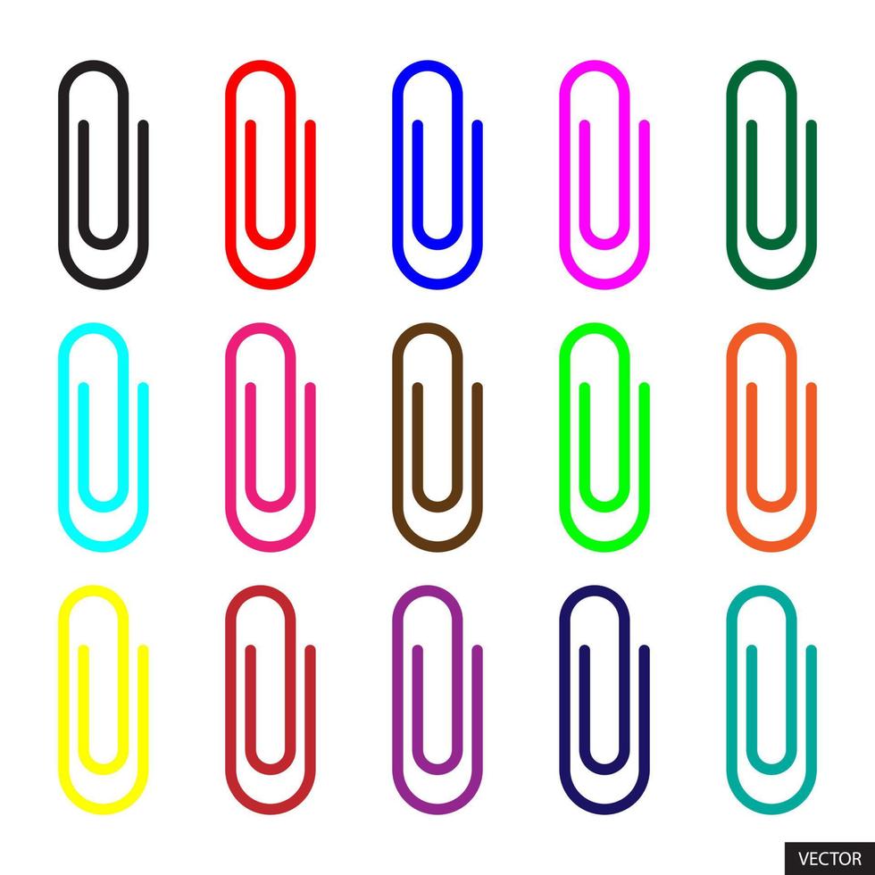 Set of 15 colorful paper clips in line style design isolated on white background. Editable stroke. vector