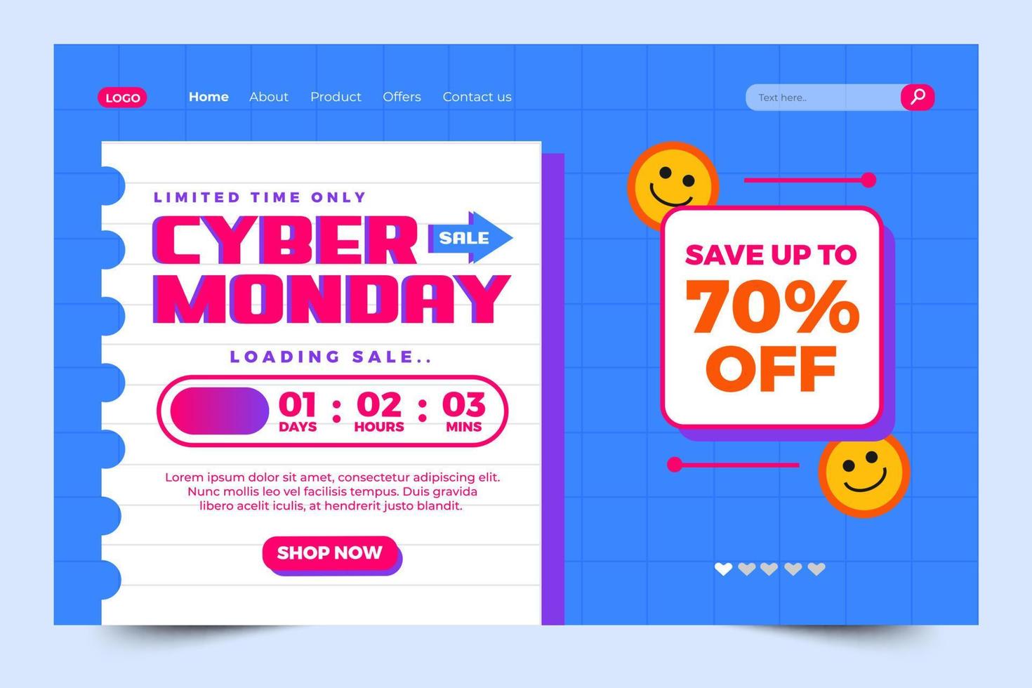 Cyber Monday landing page design template is easy to customize vector