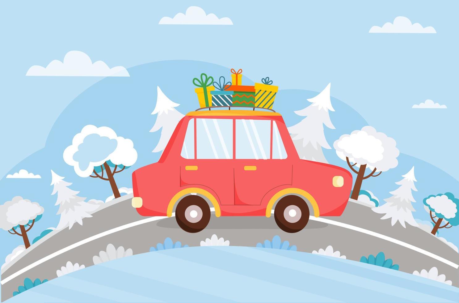 coche rojo con regalos de navidad está conduciendo por la carretera. fondo de invierno con auto, carretera, árboles, abetos. navidad, año nuevo, vacaciones de invierno. ilustración vectorial en estilo plano. vector