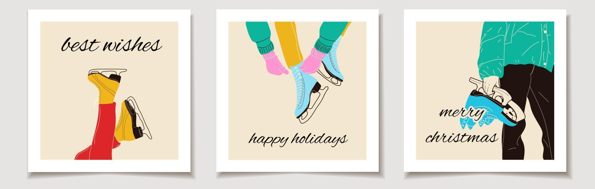 Christmas vector gift card or tag Christmas Set of three Colorful ice skates for figure skating in winter.  merry christmas lettering, best wishes.