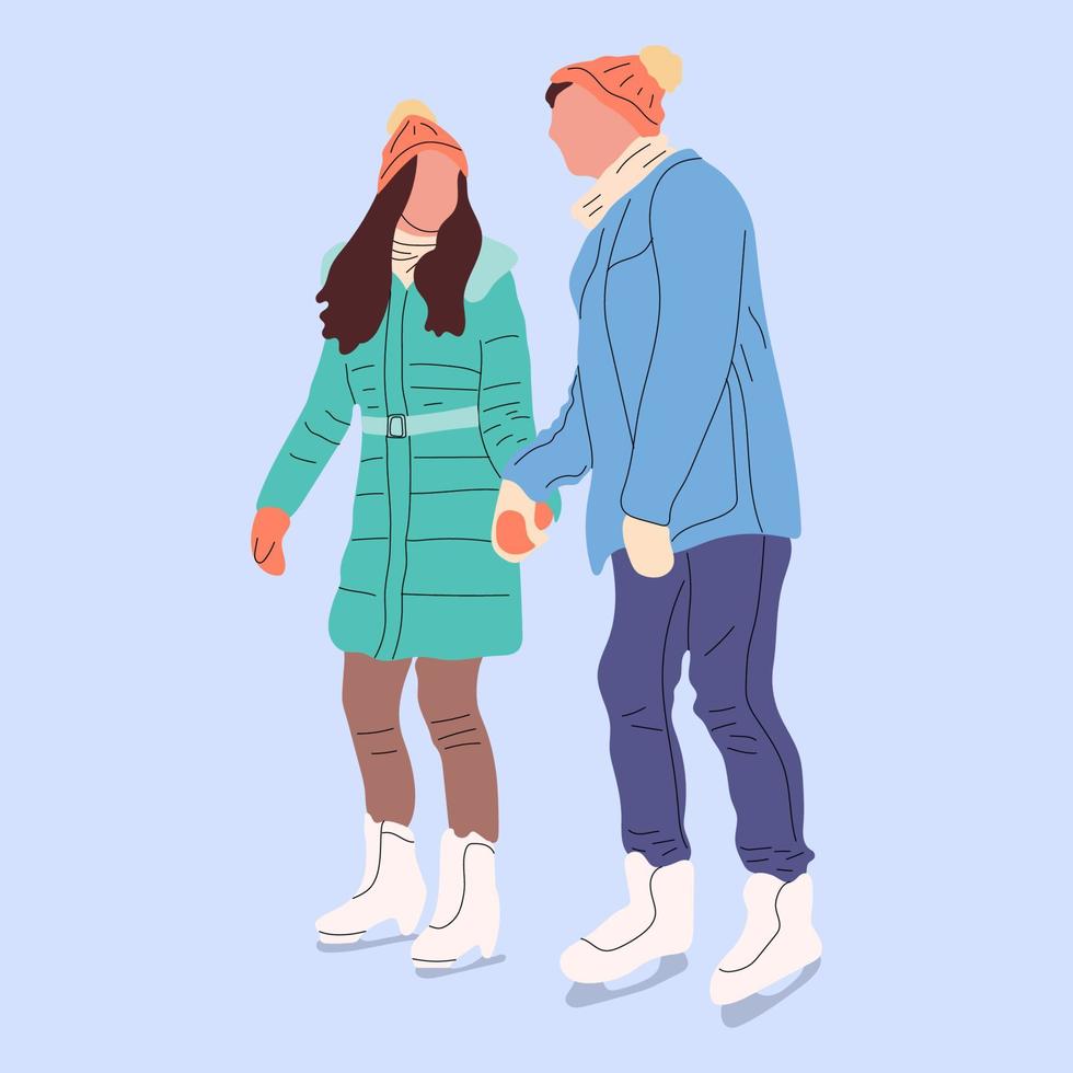 Couple skating. People on ice, winter outdoor activities. Happy sport man woman, active holiday dating vector illustration. Active happy woman and man ride ice-skating