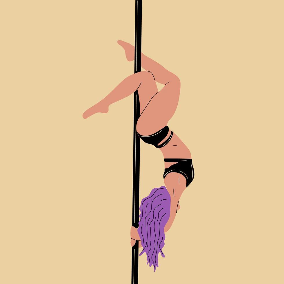 Young pole dance woman in black leotard, cartoon style vector illustration isolated on  background. Young, slim and beautiful pole dancer
