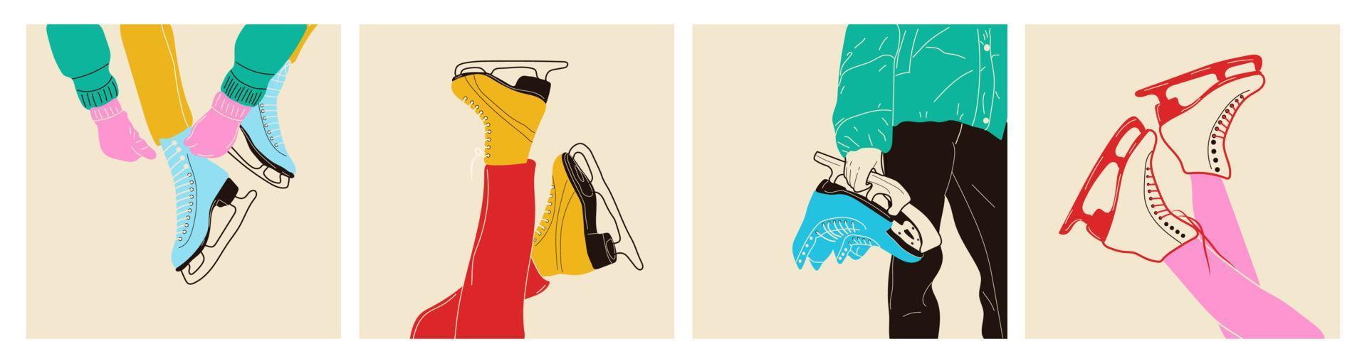 Set of three Colorful ice skates for figure skating in winter. Modern vintage. Vector illustration