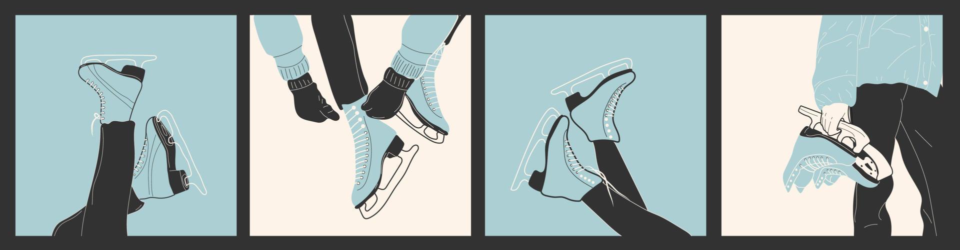 Set of four  ice skates for figure skating in winter. Figure skating. Women's ice skates. Winter sports. Vector illustration
