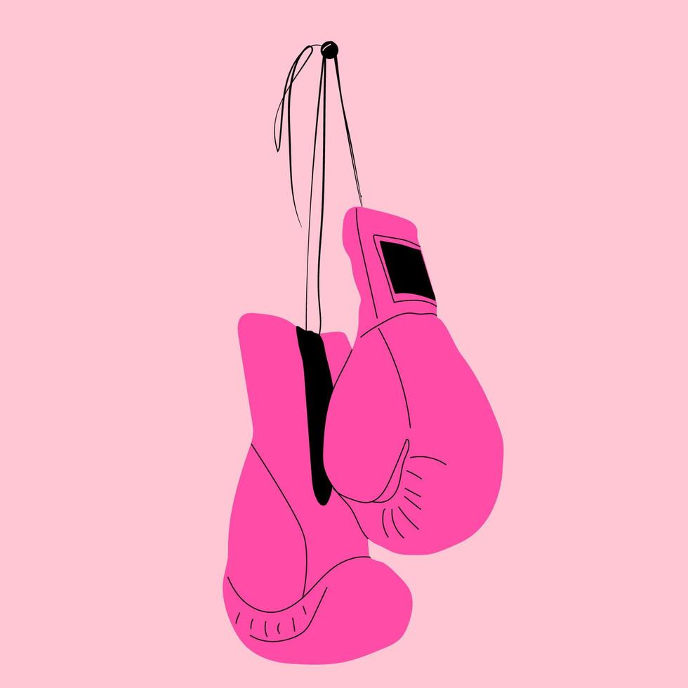 Pink boxing gloves hanging on nail of wall, flat design icon vector
