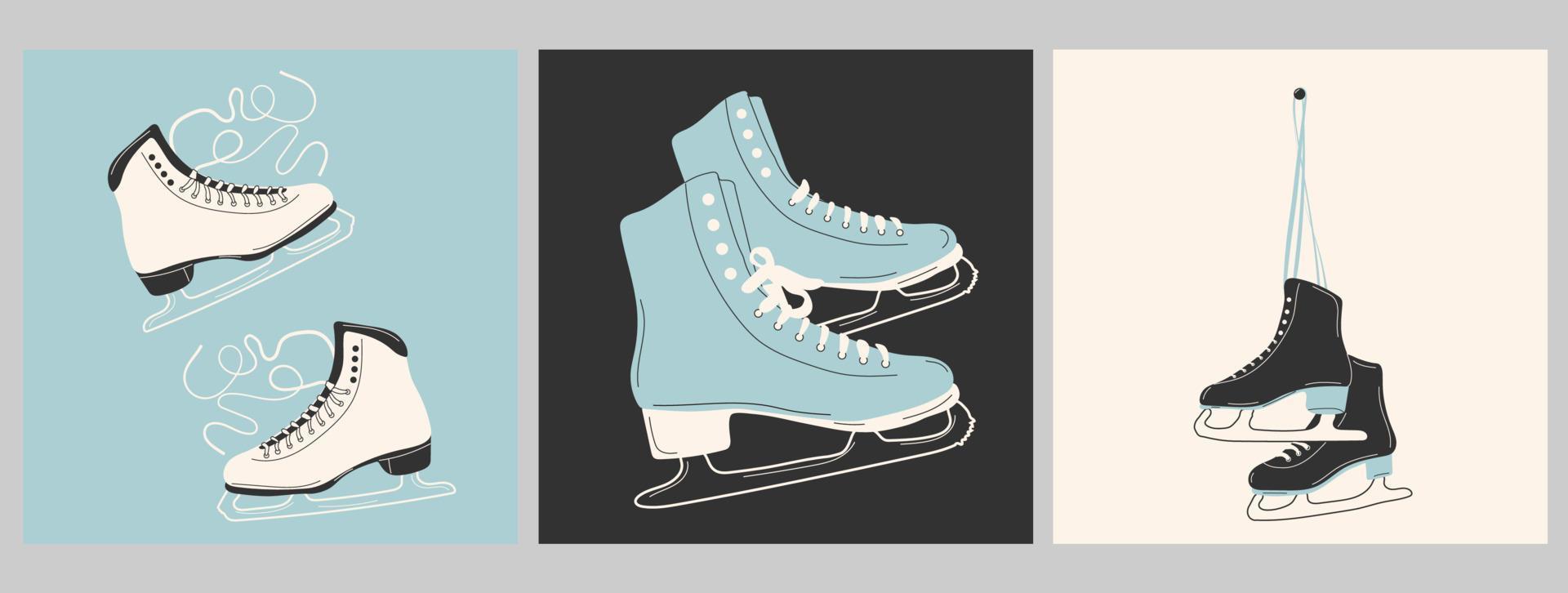 Set of three Ice skates for figure skating in winter. Outdoor skating rink. Hand drawn Vector illustrations