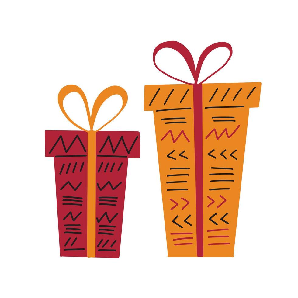 2 gift boxes in simple hand drawn style decorated with ribbon, bow, paper with tribal ethnic ornaments - lines, triangles. Kwanzaa presents Zawadi cute clip art. Vector illustration isolated