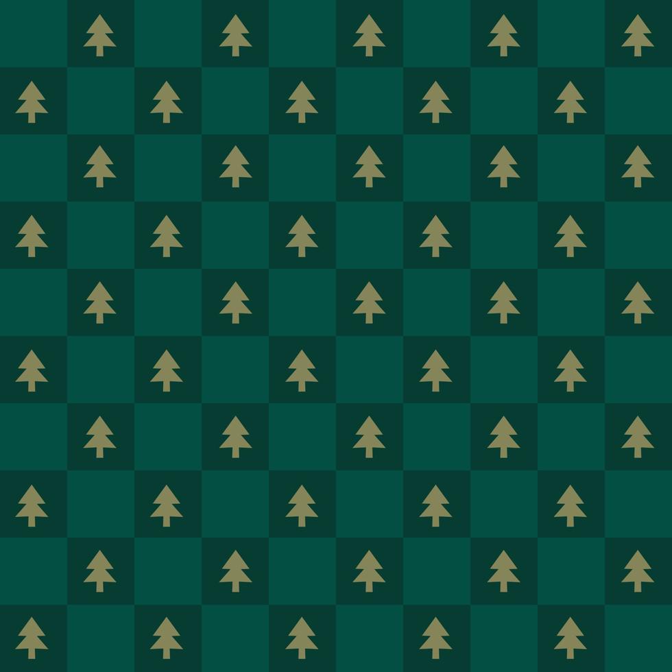 Fondo de vector de patrones sin fisuras de tablero de ajedrez de Navidad vintage retro lindo. Fondo de pantalla de textura de repetición verde festivo abstracto con silueta de icono de árbol de Navidad de Navidad, diseño textil moderno y moderno