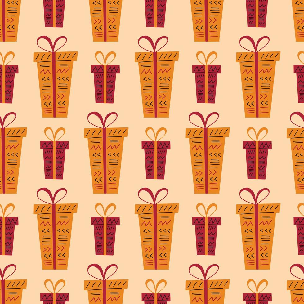 Kwanzaa seamless pattern background in simple hand drawn style with gift boxes decorated with ribbon, bow, paper with tribal ethnic ornaments - lines, triangles. Kwanzaa presents Zawadi cute print vector