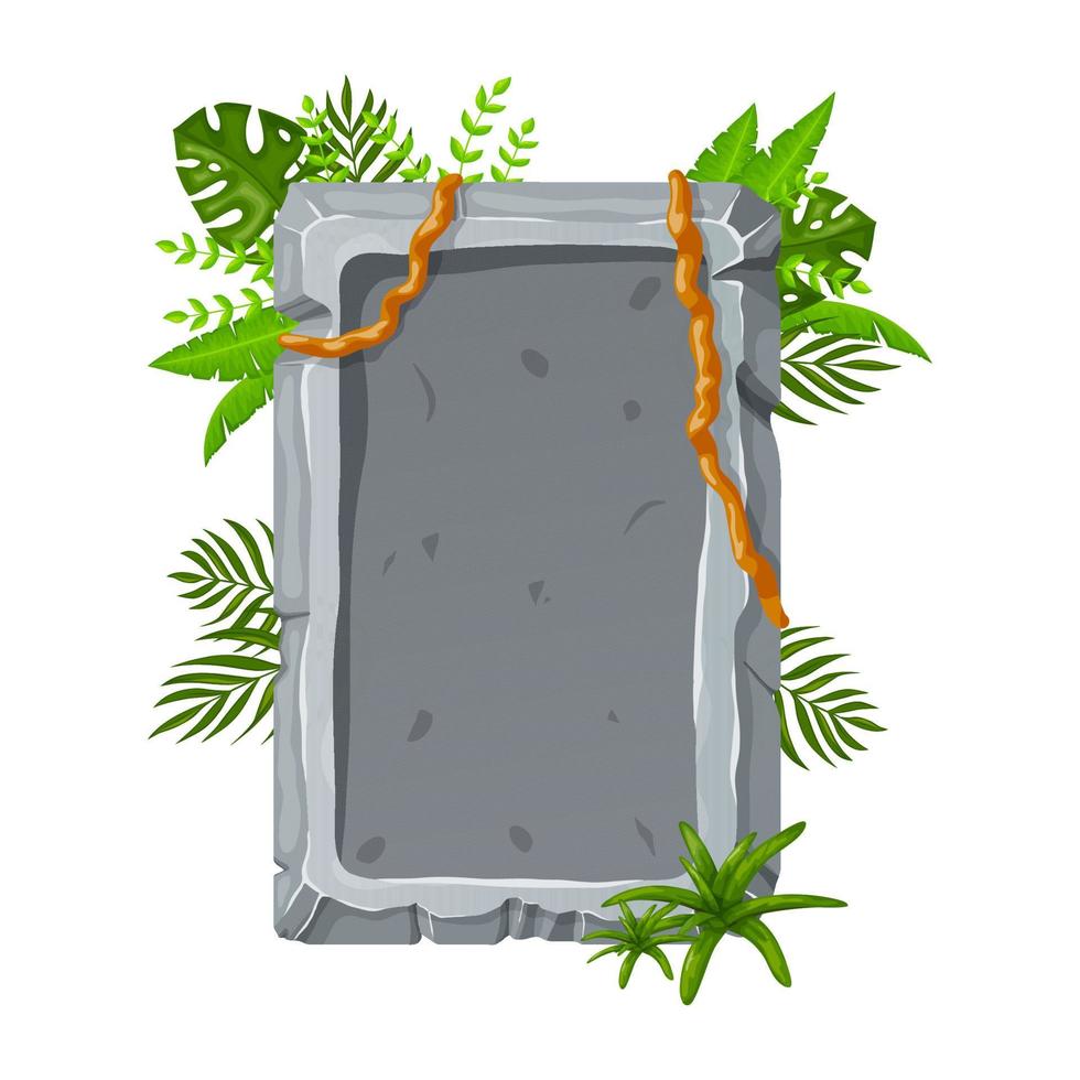 tablero de piedra de la selva con ramas de liana y hojas tropicales. elementos de banner de piedra para juegos y web en estilo de dibujos animados. vector