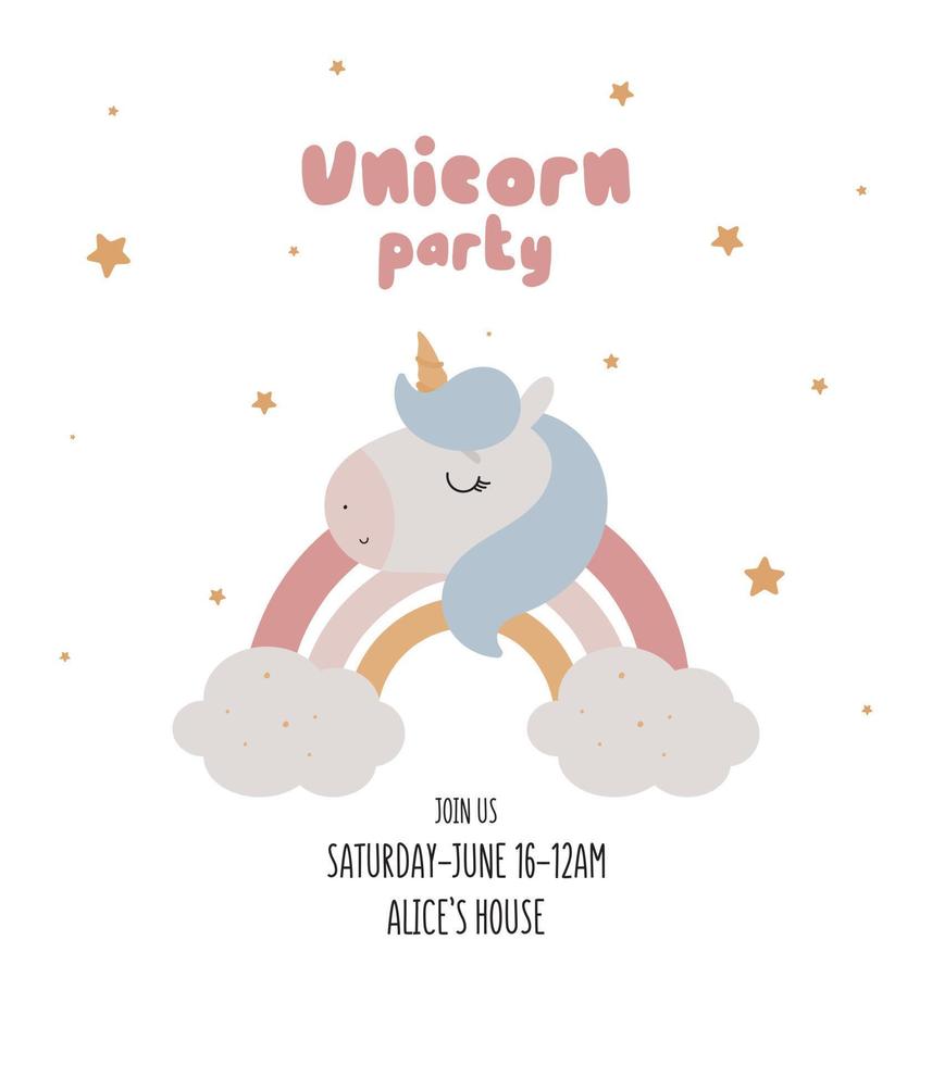 invitación de fiesta de unicornio con unicornio mágico. ilustración vectorial en estilo de dibujos animados. vector