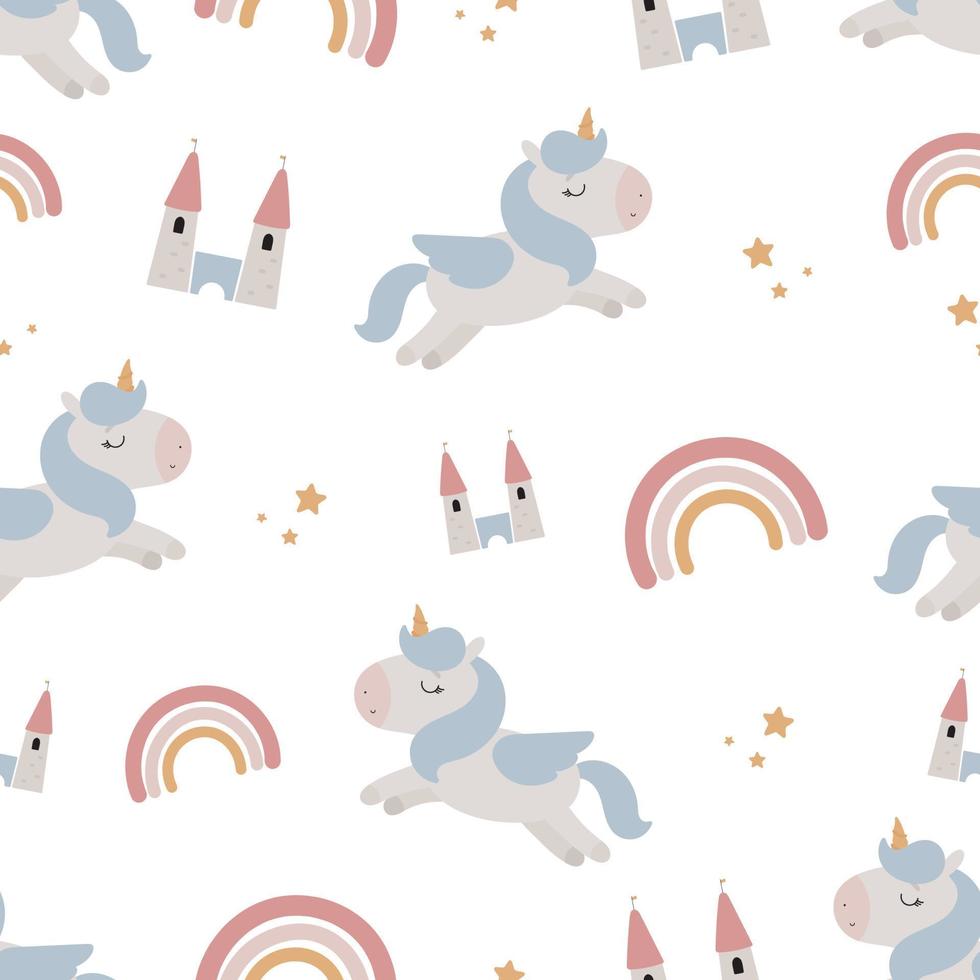 Seamless pattern with magic unicon, rainbow and castle. For kids stuff, card, posters, banners, children books, printing on the pack, clothes, fabric, wallpaper, textile or dishes. vector
