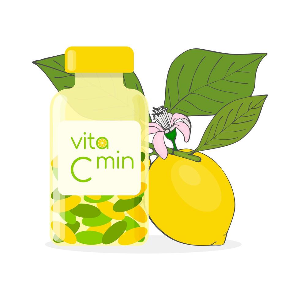 Vitamin C bottle with capsules and branch with lemon fruit and flower