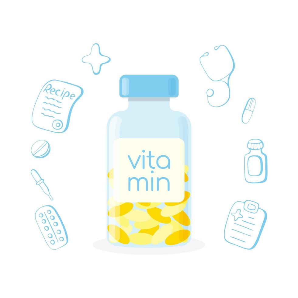 botella de vitamina con cápsulas y elementos médicos de garabatos, salud, medicina. vector