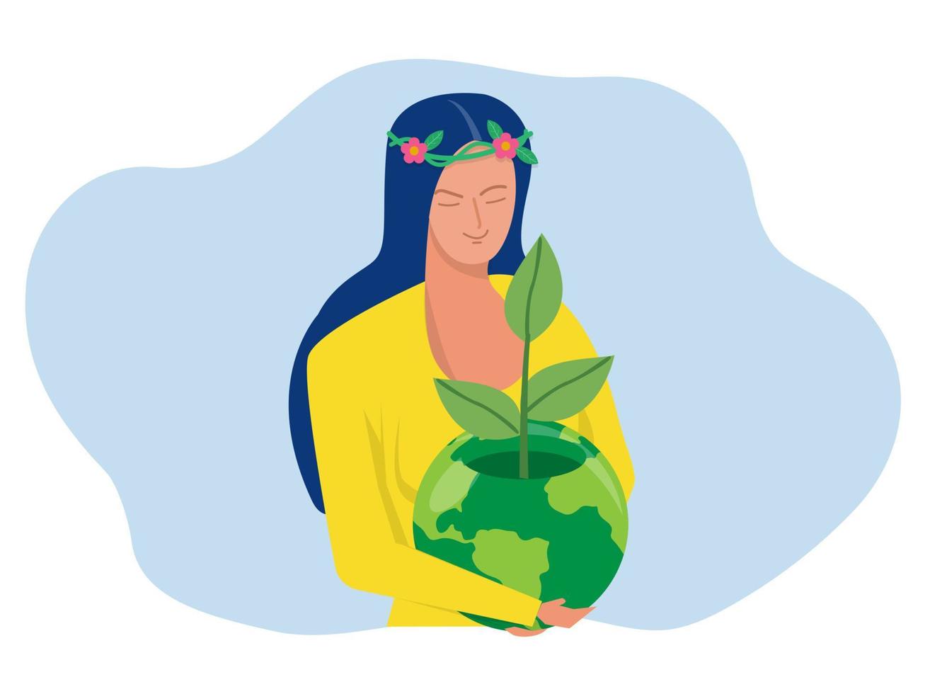 World Earth Day green eco energy , Young woman embracing the planet Earth with World Earth Day and Save the Planet concept of conservation, protection and reasonable consumption of natural resources. vector