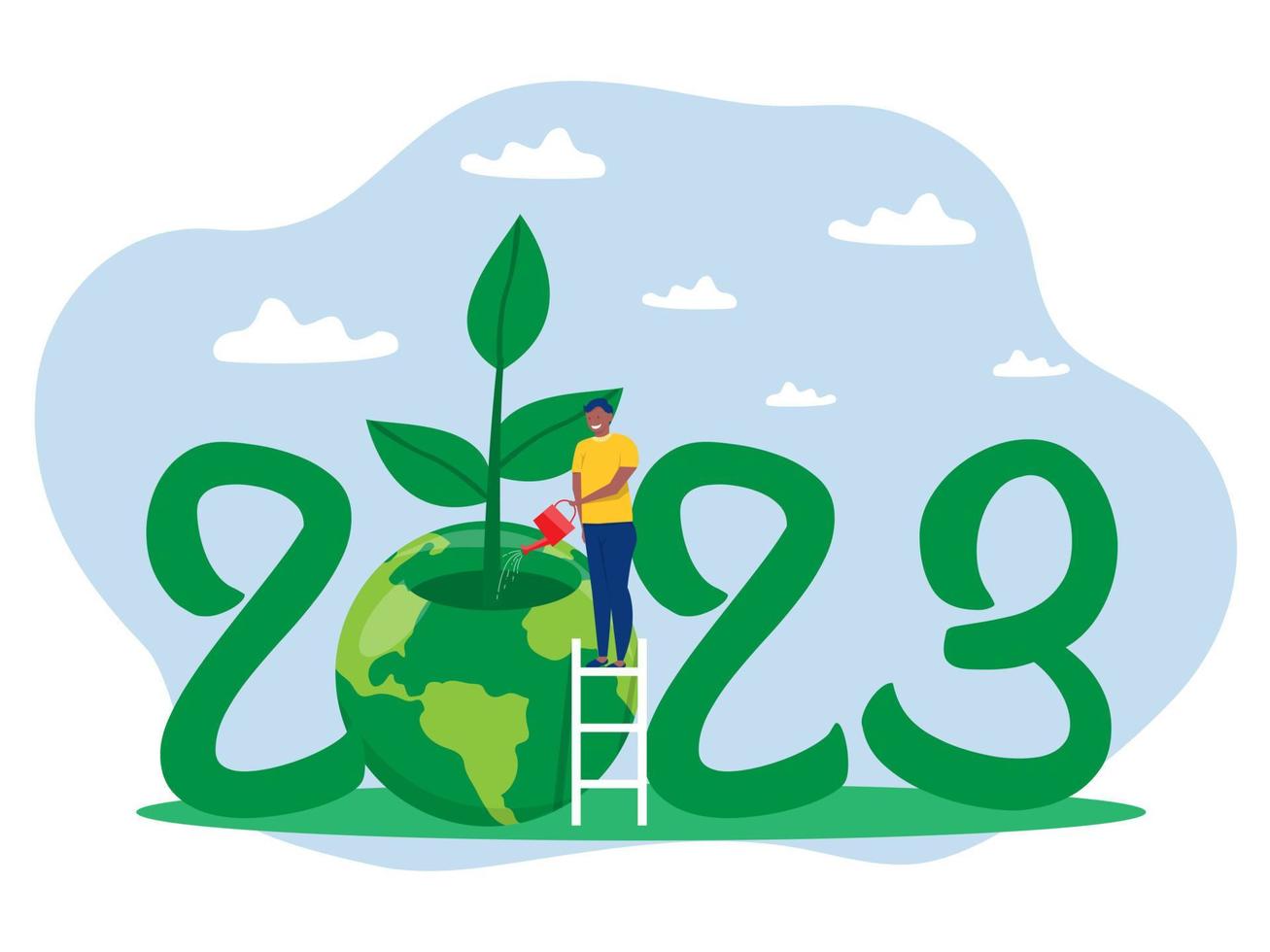 2023 Happy Young man water the planet Earth World Earth Day concept of conservation, protection and reasonable consumption of natural resources vector