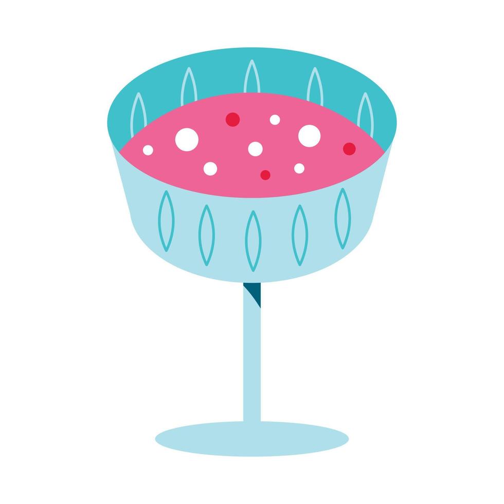 Transparent glass with pink champagne. Sparkling drink with bubbles. Crystal glass in vector