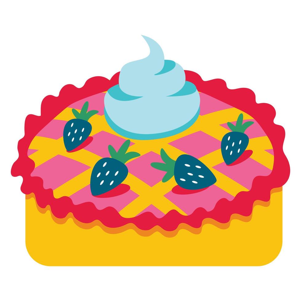 Delicious berry pie with strawberries. Birthday cake with cream. Vector recipe for homemade food