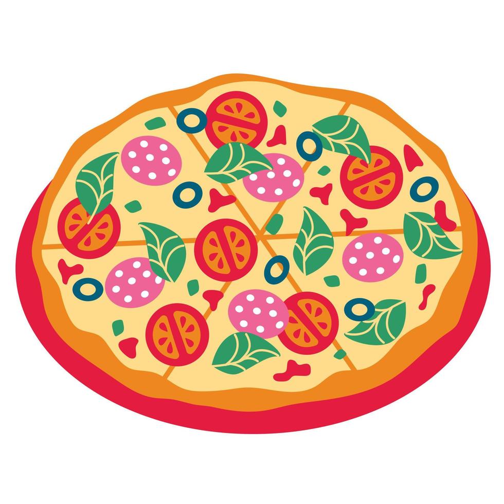 pizza de pepperoni con salami, tomates y albahaca. ilustración vectorial de comida para entrega o recetas vector