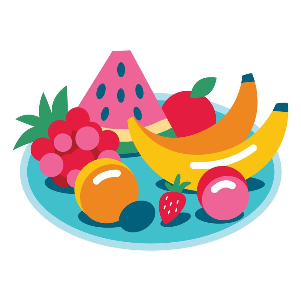 A set of healthy fruits on a tray. Bananas, grapes, peach, plum, watermelon, strawberry, orange, apple vector