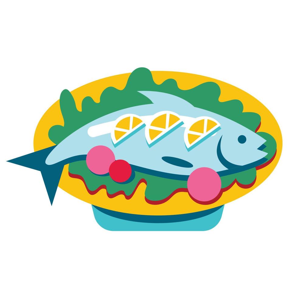 Fried fish with vegetables on a plate. Tuna or salmon dish. Fresh fish with lemon vector