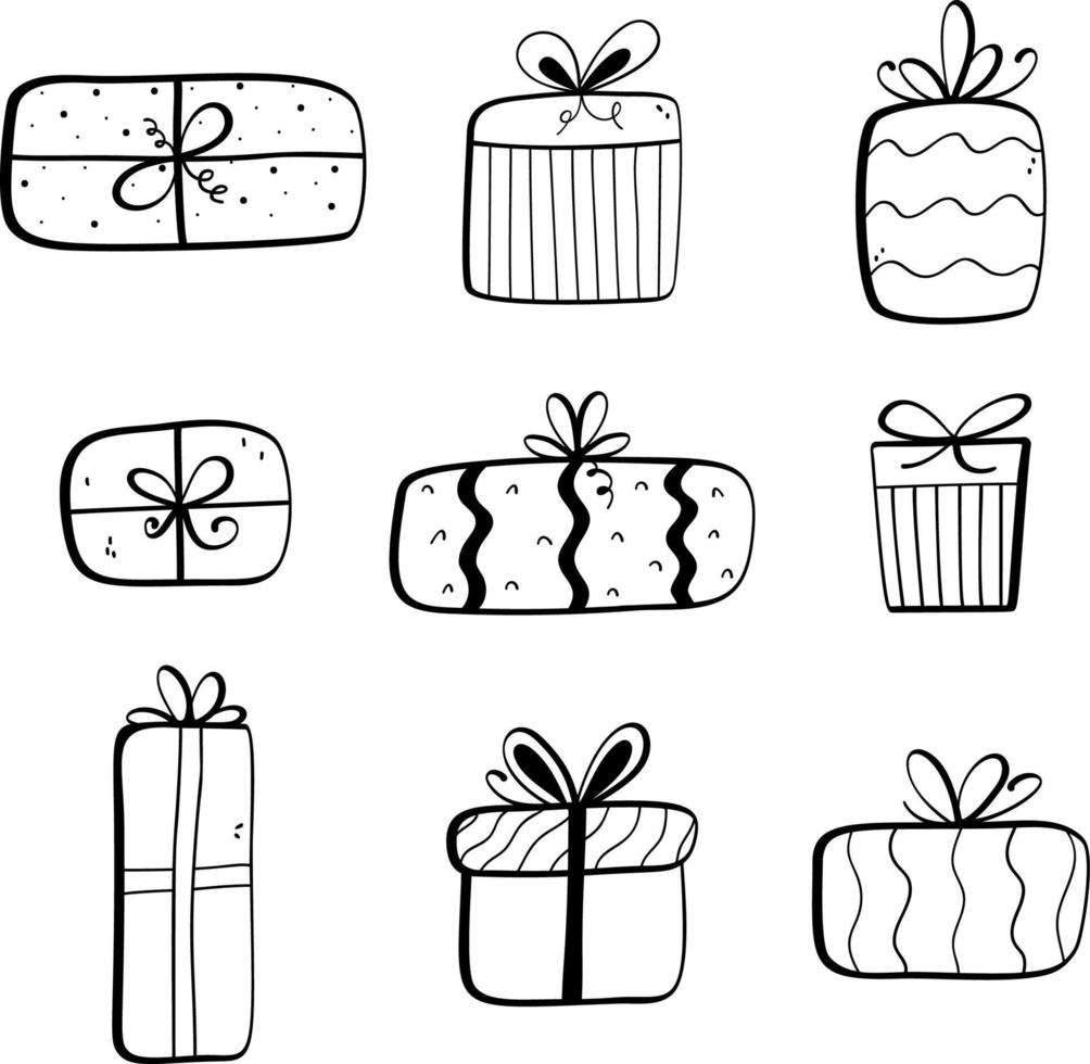 Different gift boxes with ribbon bow. Set of presents in black line. Holiday doodle for birthday, New year, Christmas, wedding. Celebration concept in minimalism design. Cute hand drawn. vector