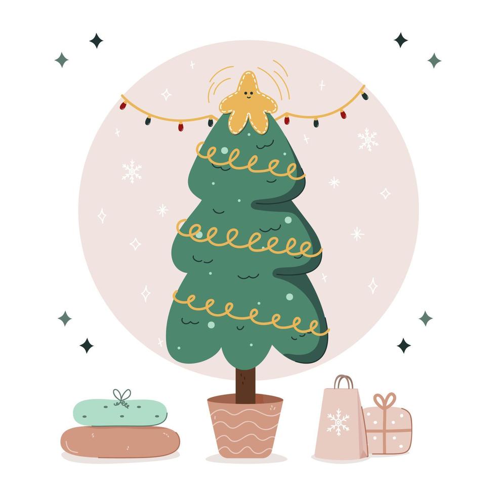 lindo árbol de navidad con una estrella. estilo de dibujo plano. dibujado a mano. regalos debajo del árbol. pino. guirnalda y copos de nieve. tarjeta de felicitación de navidad. acogedor. vector