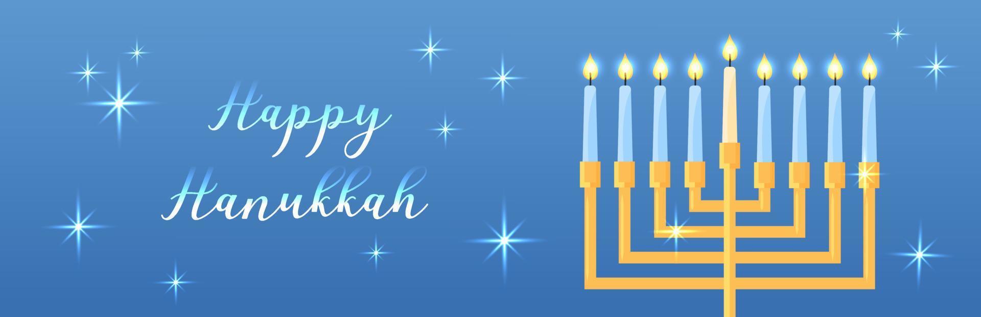 banner web feliz hanukkah. ilustración horizontal vectorial con símbolo tradicional de festividad religiosa judía. candelabro de januquiá brillante. brillante banner de internet vector