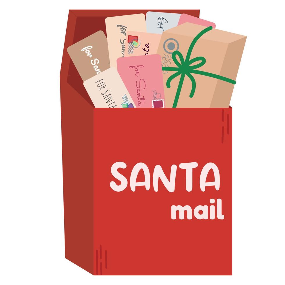 Mailbox with letters and presents from children for Santa Claus. Classic red Christmas post box. vector
