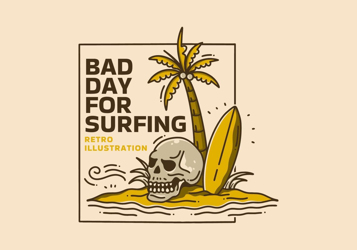 Vintage art illustration of the coconut tree, surfing board and skull vector