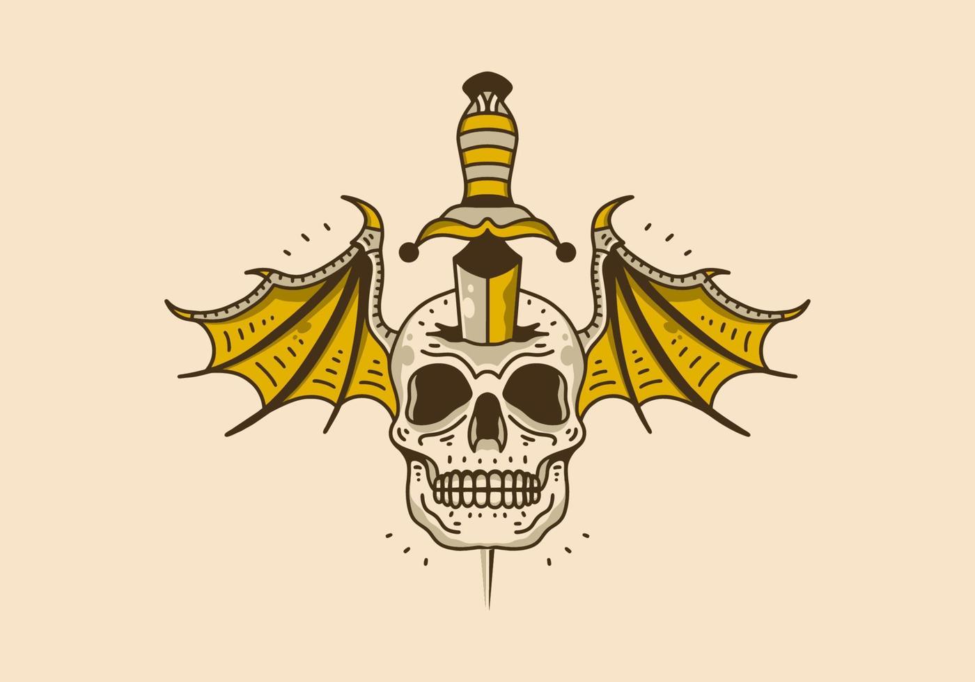 Vintage art illustration of skull with wings and dagger vector