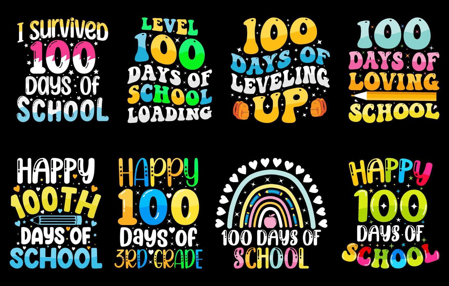 100th days of school t shirt Bundle, hundred days t shirt design set, Happy 100 days of 1st Grade t shirts, 100th days vector