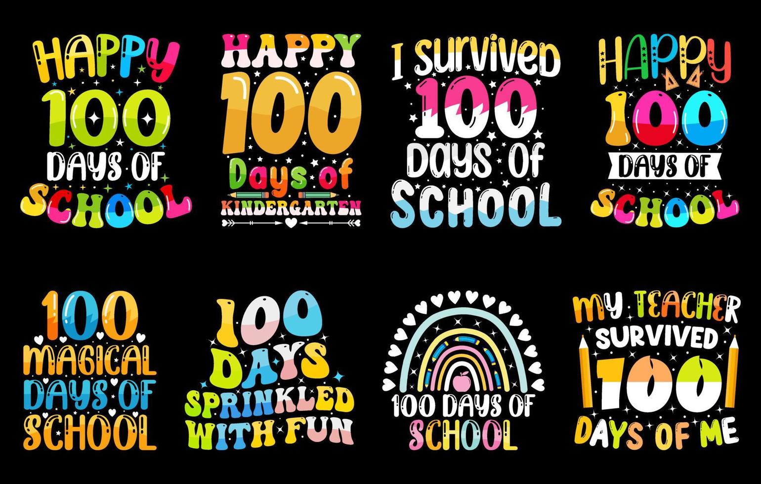 100th days of school t shirt Bundle, hundred days t shirt design set, Happy 100 days of 1st Grade t shirts, 100th days vector