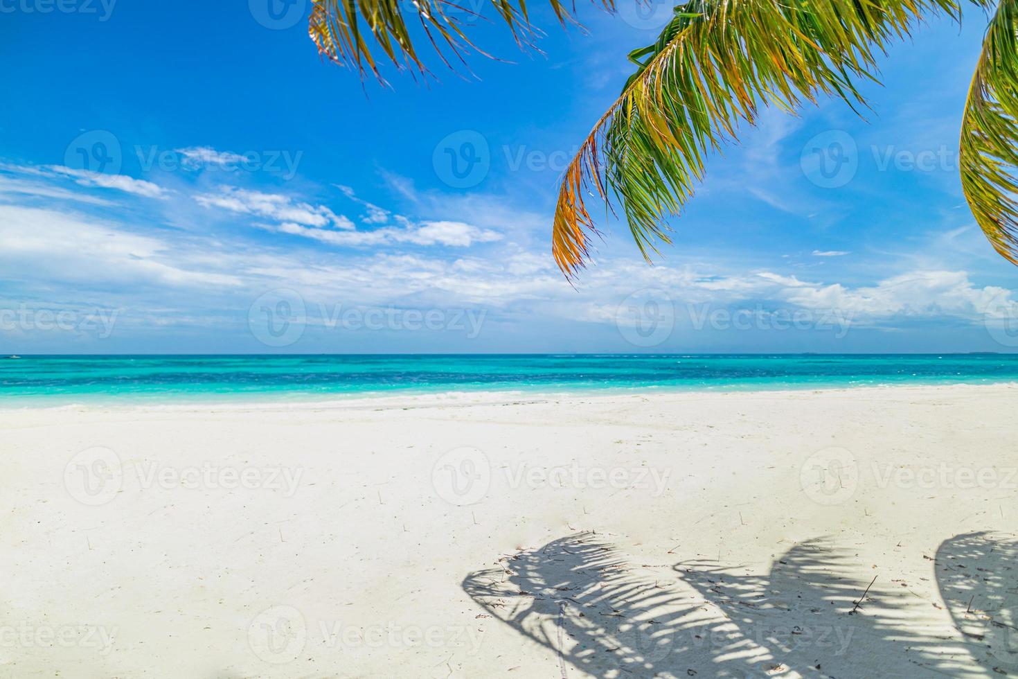 Curva de arena blanca o playa de arena tropical con fondo de mar azul y  cielo azul borroso