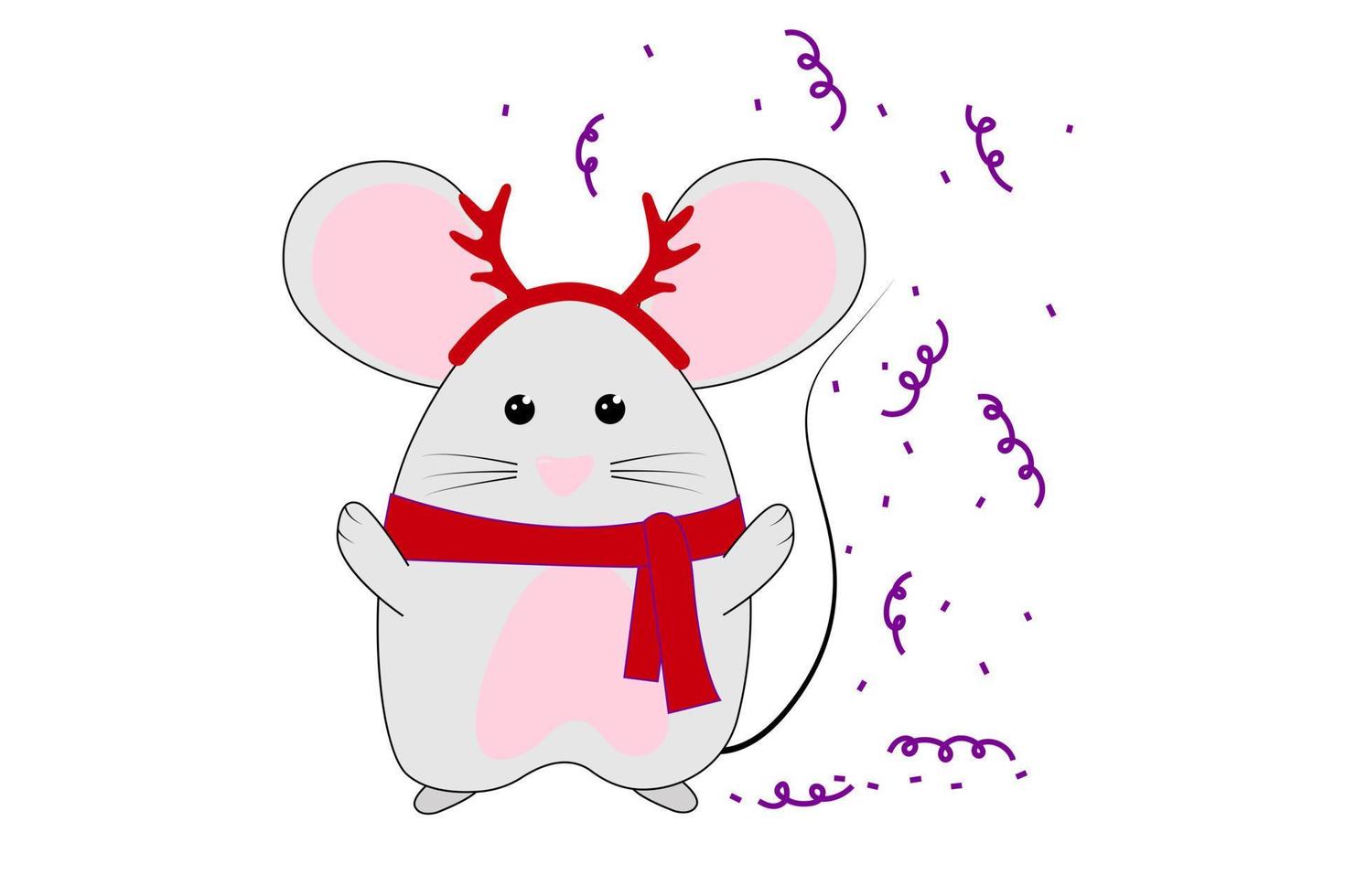 ratón divertido con aro con cuernos de ciervo. ilustración para tarjetas de felicitación, calendarios, impresiones, etc. ratón de dibujo a mano para diseño navideño vector