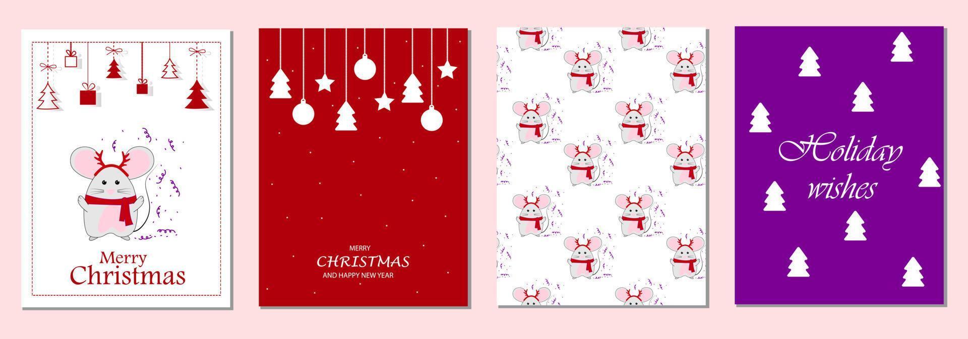 Set of winter holiday greeting cards with mice.Christmas vector illustration