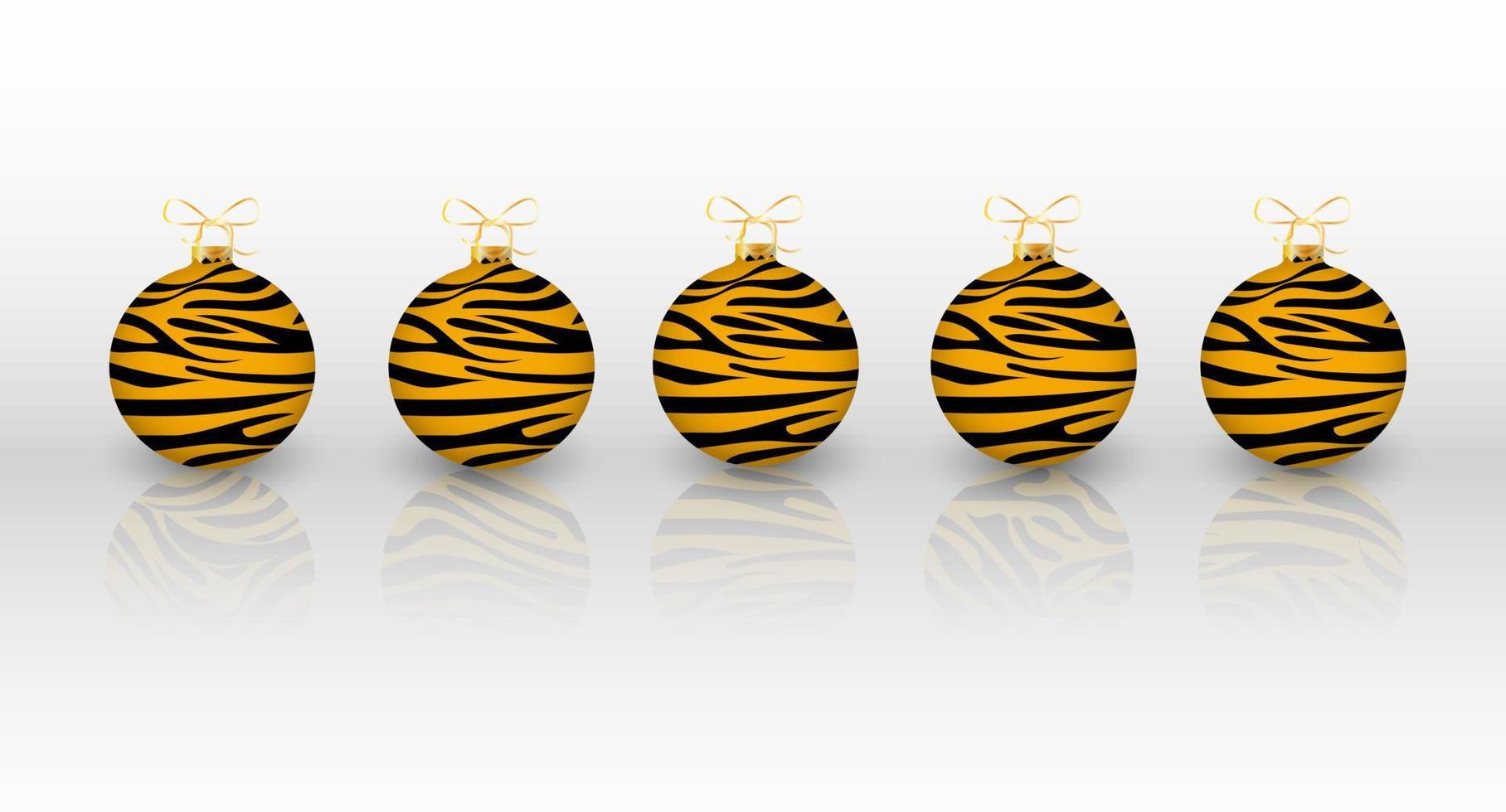 Tiger print on christmas balls with reflection  on a white background.The vector balls can be used in Christmas designs.Vector illustration