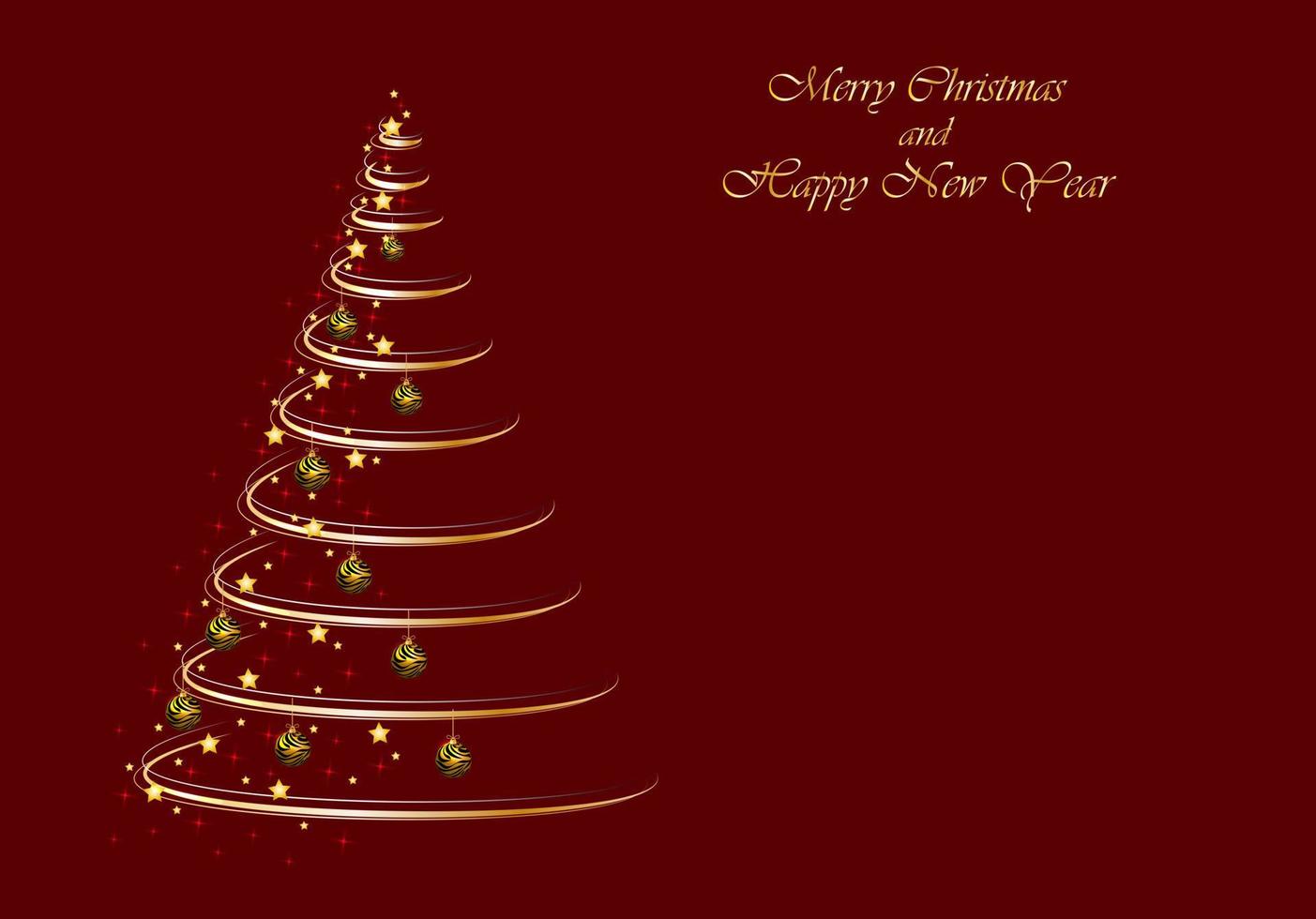 Golden christmas tree with ball in tiger print. Greeting card of Happy New Year. Winter paper art design. Vector illustration