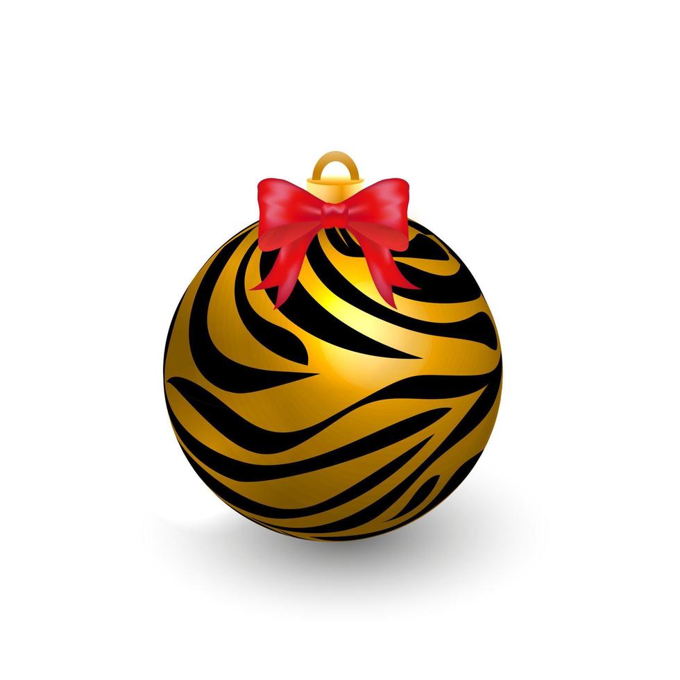 Christmas ball with tiger stripes and  red ribbon . Symbol of the tiger year 2022. Realistic 3D Xmas ball. Vector illustration