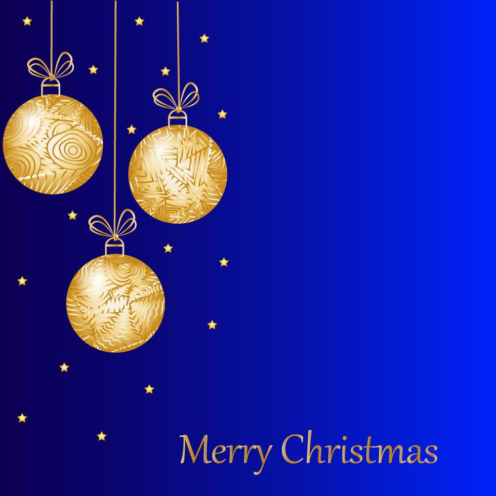 tarjeta de felicitación de Navidad sobre fondo azul. bolas de navidad brillantes doradas dibujadas a mano abstractas. texto de feliz navidad. ilustración vectorial vector