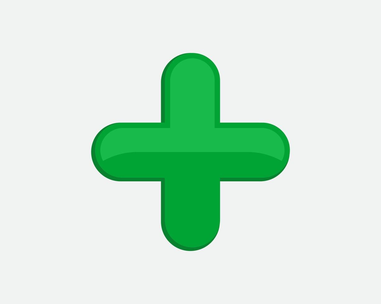 Green plus sign. Vector icon. Cross symbol of safety guidance.