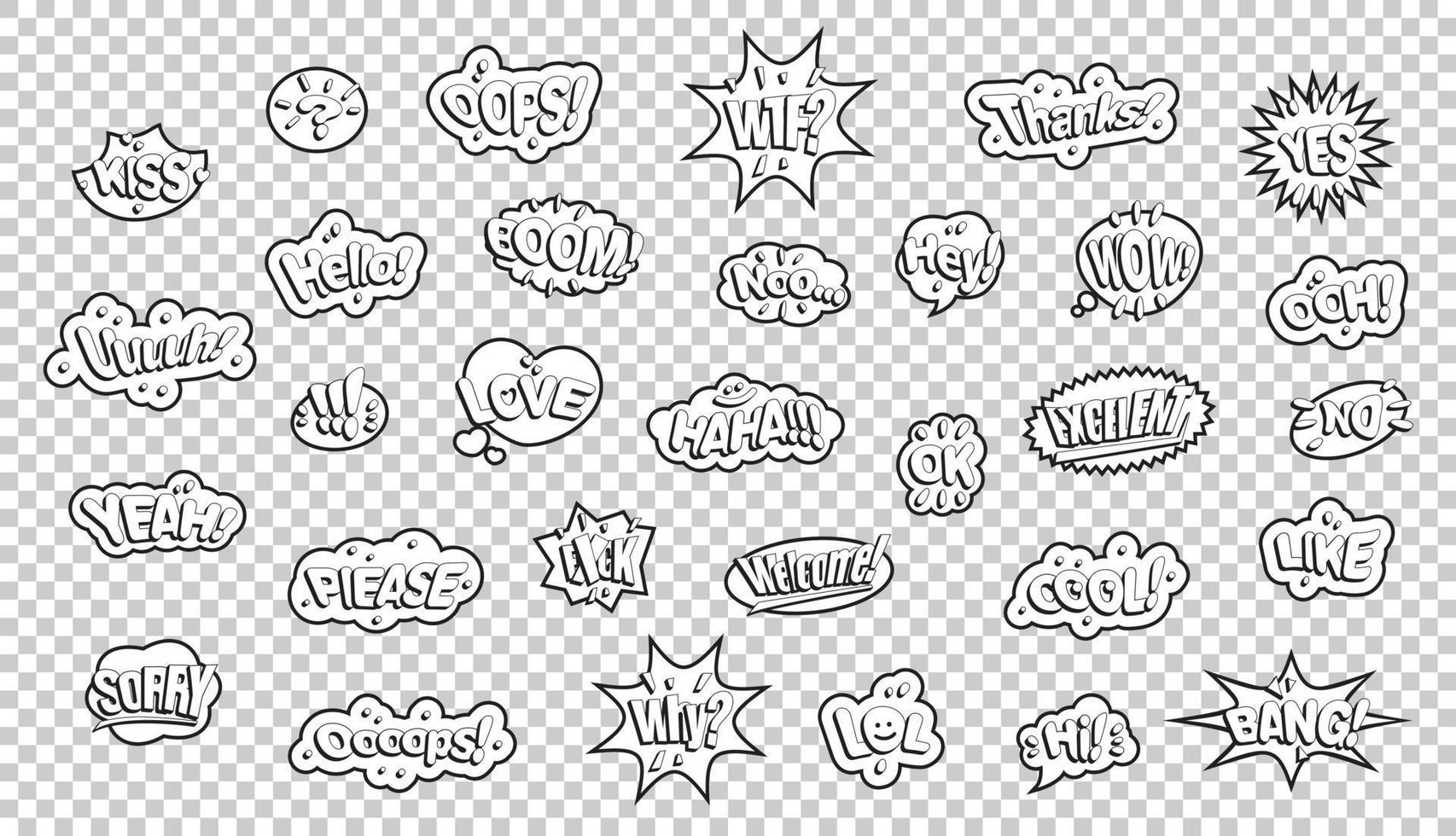 Black white comic style stickers. Slogans on a transparent background. vector
