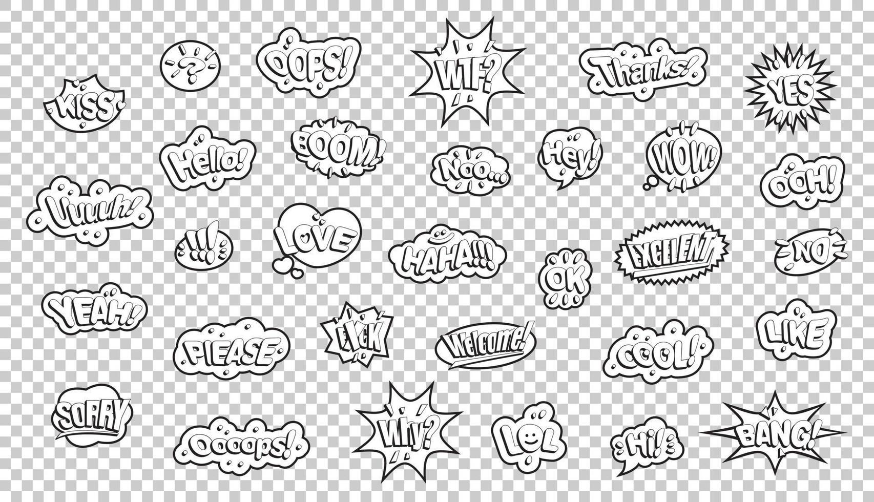 pegatinas de estilo cómic en blanco y negro. consignas sobre un fondo transparente. vector