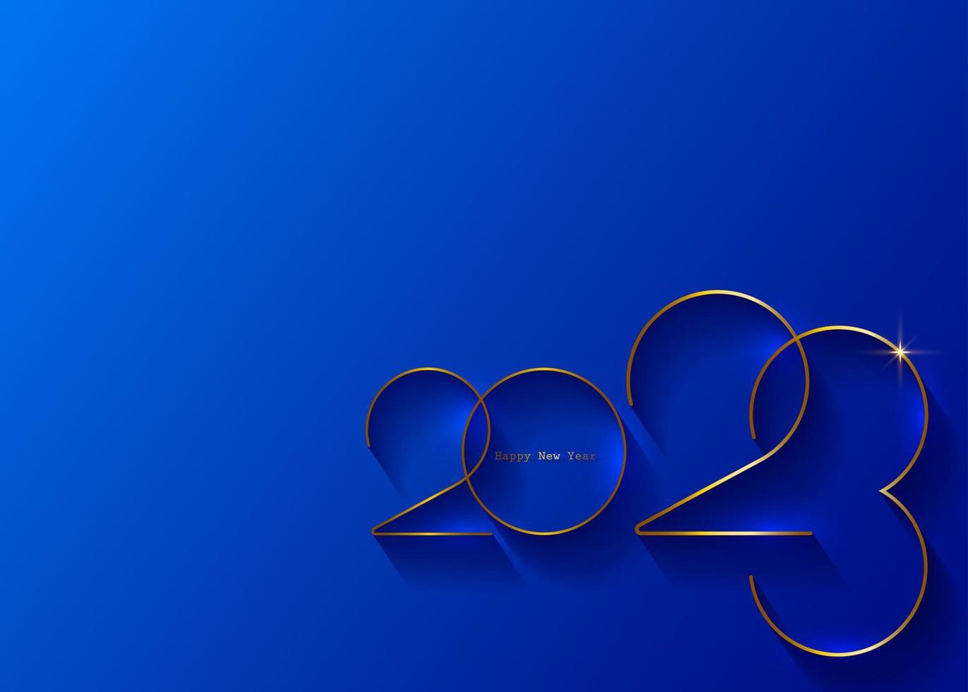 2023 New Year gold logo design. Holiday greeting card. Vector illustration. Holiday banner template, greeting card, invitation, calendar, party, festive label isolated on blue background