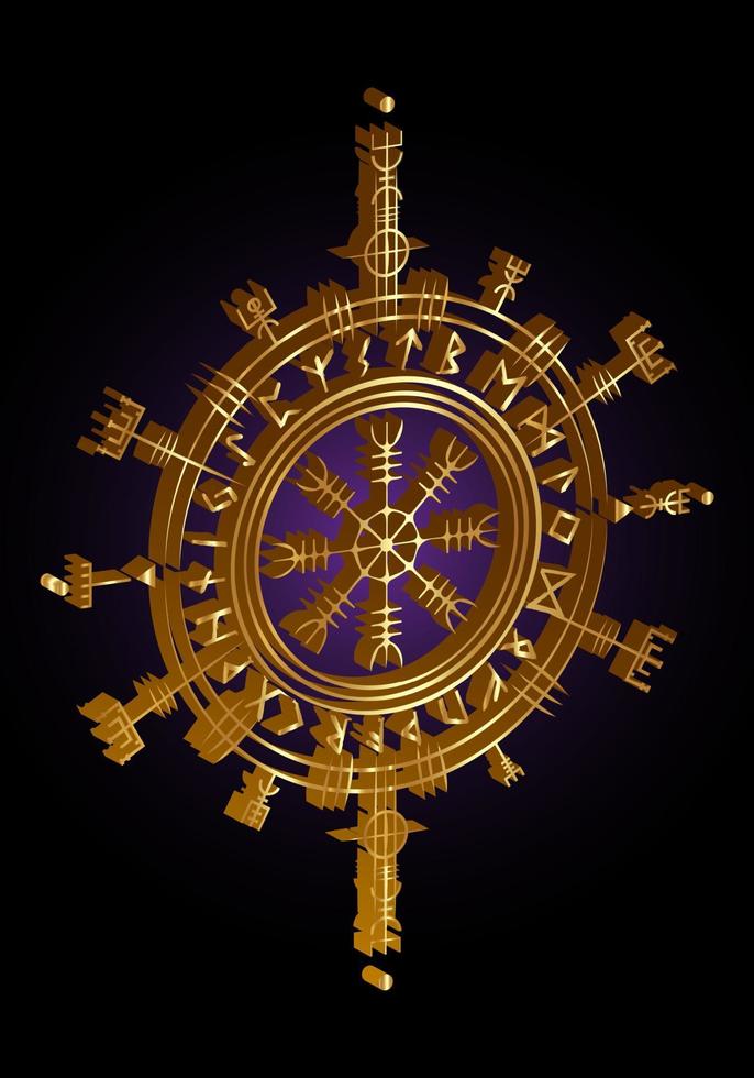 Brújula rúnica asatru pagana vikinga de oro 3d, círculo de runas vegvisir mitología nórdica vikinga. talismán protector dorado para viajeros. brújula de navegación mágica para los errantes. vector aislado en negro