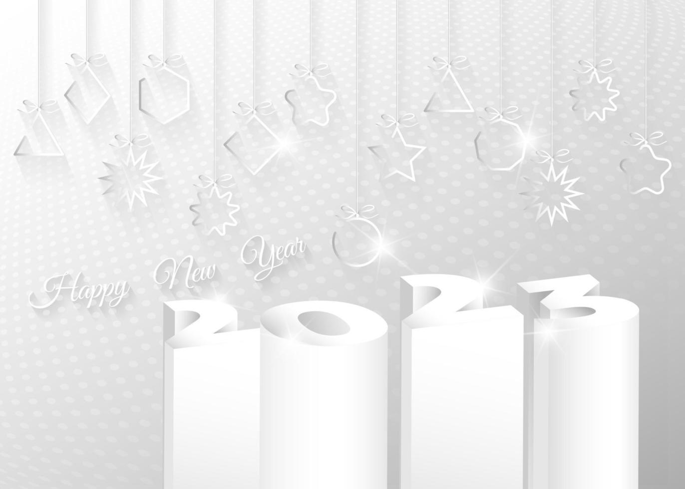 Tarjeta de felicitación de año nuevo 2023 con número 3d del año con bolas de navidad. banner, plantilla ornamento fondo blanco plata brillante vector