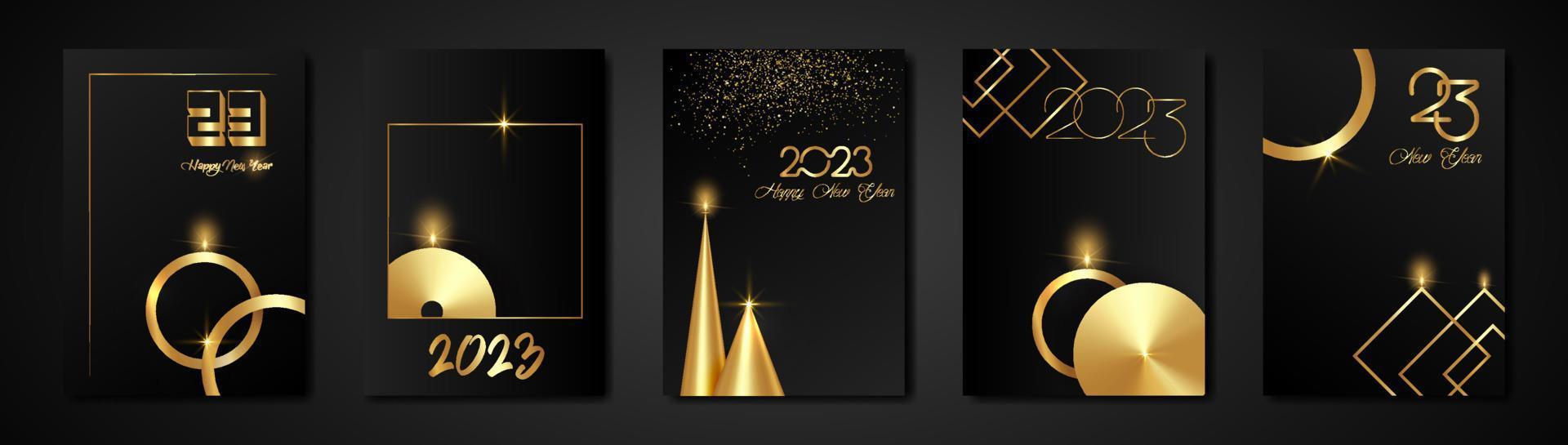 set cards 2023 Happy New Year gold texture, golden luxury black modern background, elements for calendar and greetings card or Christmas themed winter holiday invitations with geometric decorations vector