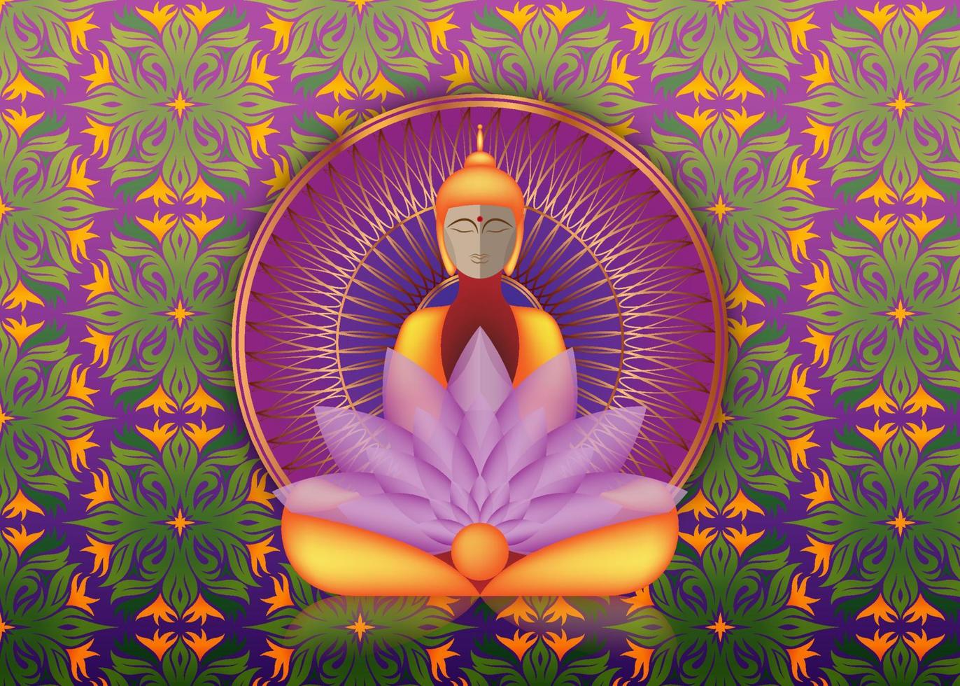 Buddha sitting in meditation over Golden Mandala, esoteric purple lotus vector illustration. Vintage sacred culture background. Indian, Buddhism, spiritual art. Gold, spirituality, Thai god, yoga