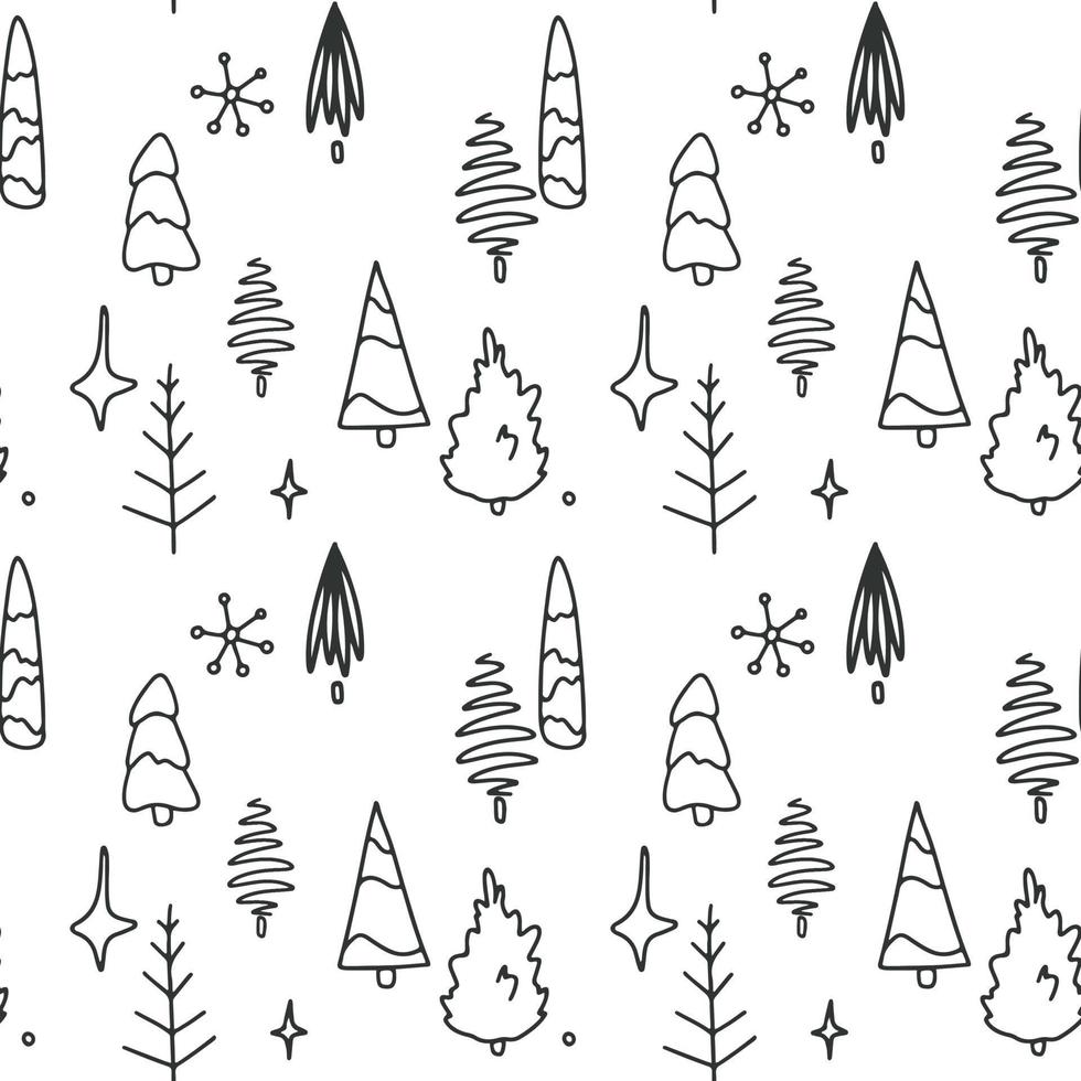 lindo bosque de invierno nórdico de navidad con diferentes formas de árbol doodle patrones sin fisuras dibujados a mano para el diseño de decoración de vacaciones vector