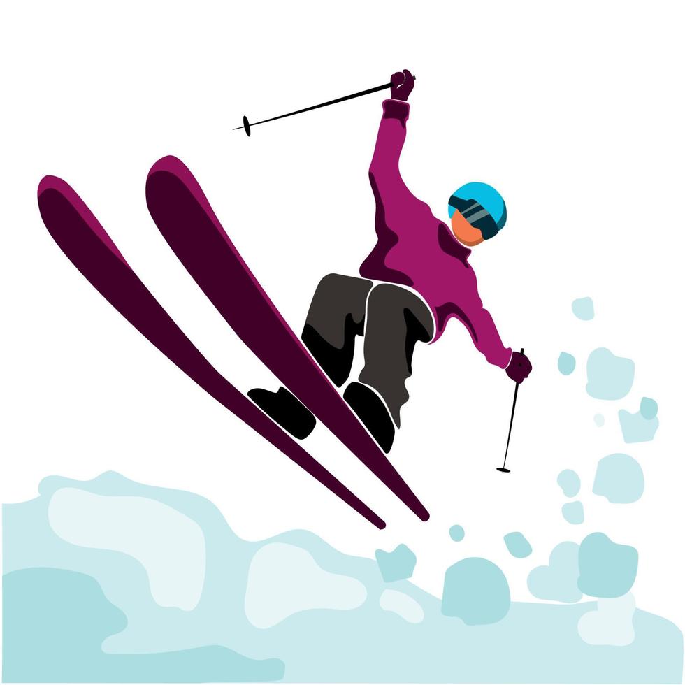 esquiador de salto aislado sobre fondo blanco. paseos de esquiador, freeride, saltos de esquí, freestyle.winter sport.skiing in winter alps.vector ilustración en estilo plano moderno vector